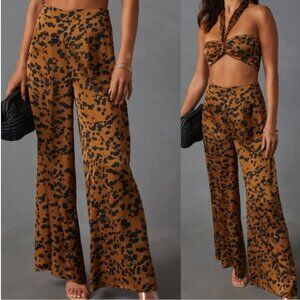 VICI Easy Tiger Brown & Black Leopard Print High Waist Wide Leg Trouser Pants L